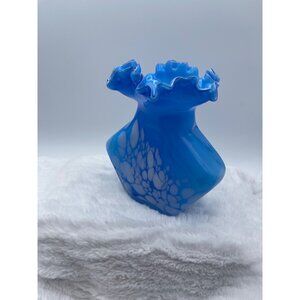 Vintage Hand-Blown Vase Bright Sky Blue and White Accents, Ruffled Edge